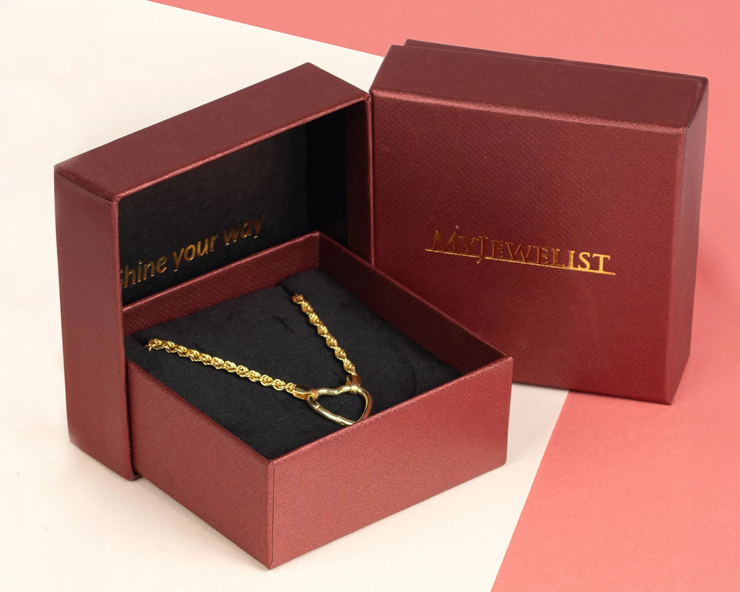 Burgundy MyJewelist jewelry box with gold embossed logo, featuring elegant packaging for high-end necklaces and gifts.