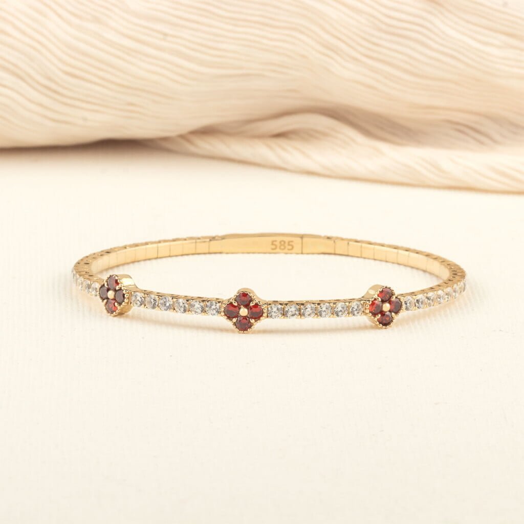 14K Gold Clover Tennis Bracelet with Ruby and Moissanite