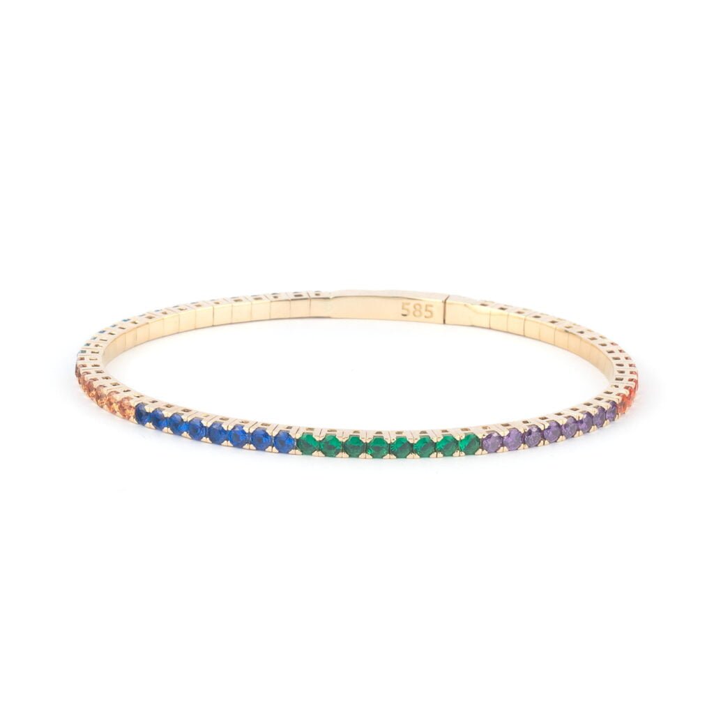 14K Gold Tennis Bracelet with Multicolor Stones and Flexible Band