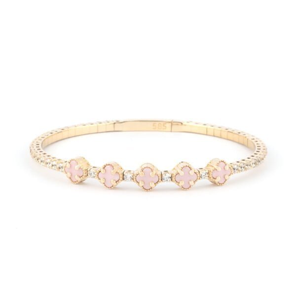 Elegant Clover Pink Quartz and Moissanite Tennis Bracelet on White background