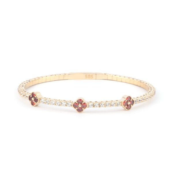 Elegant 14K Gold Clover Tennis Bracelet with Ruby and Moissanite - main view