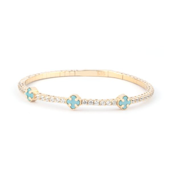 Elegant Clover 14K Gold Tennis Bracelet with Turquoise Stones