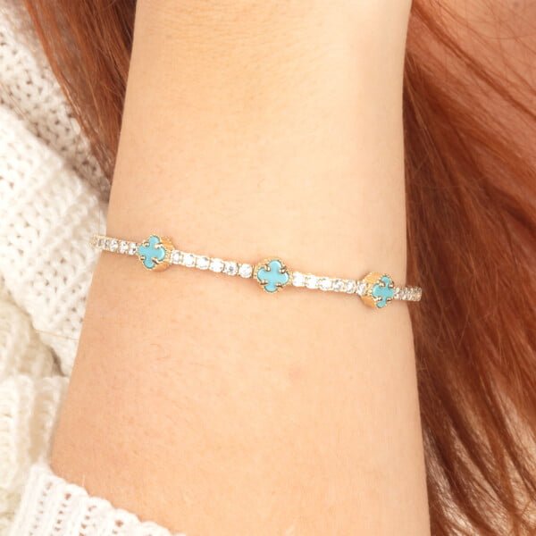 Single Clover 14K Gold Tennis Bracelet with Turquoise Stones
