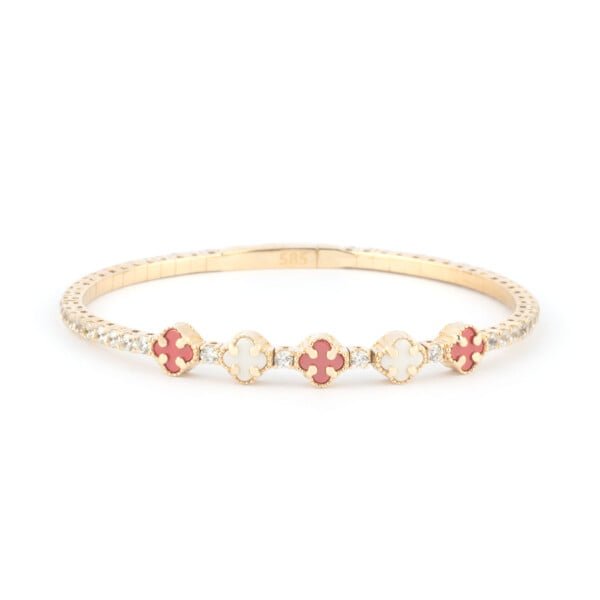 Aqeeq and Pearl Clover 14K Gold Tennis Bracelet on white background